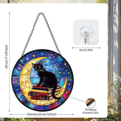Rngmsi Cat and Moon Stained Glass Window Hanging Gifts, 7.8″ Sun Catchers for Indoor Window Decor, Decorative Sun Catchers Home Wall Art Gift for Thanksgiving Christmas Wedding Housewarming