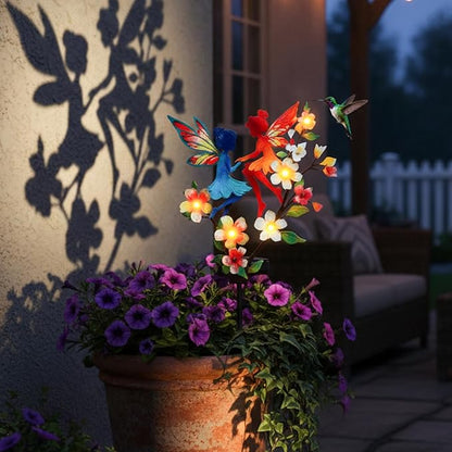 Solar Fairy Garden Stakes - Metal Whimsical Yard Art Decor, Warm LED Lights Waterproof Outdoor Decorative Stakes for Path Patio, Perfect Fairy Gift for Women/Mom(Twin Fairies)