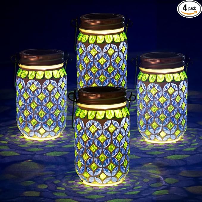Stargarden 4 Pack Mosaic Solar Lantern , Outdoor Hanging Lantern Waterproof Table Lamp Mosaic Night Light for Tree, Garden, Patio, Yard, Outdoor(Blue Green)