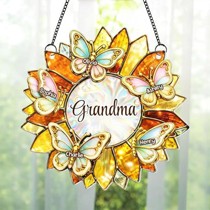 Personalized Grandma Mom Sunflower Butterfly Acrylic Sun Catcher Ornament, Custom Grandma Gifts for Mothers Day, Nana Gift from Grandkids, Custom Family Window Hanging Home Decor