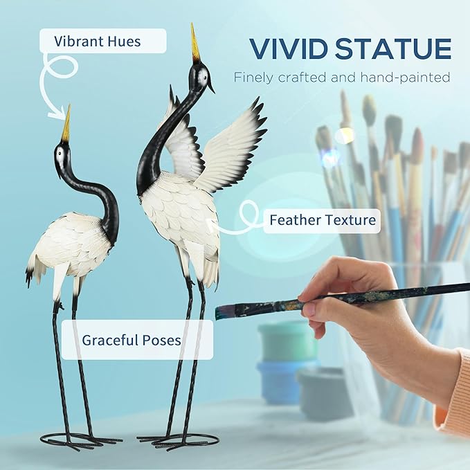 Outsunny Heron Garden Statues, 35.5" & 40.5" Standing Bird Sculptures, Metal Yard Art Decor for Lawn, Patio, Backyard, Landscape Decoration Set of 2, White & Black