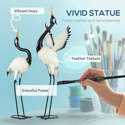 Outsunny Heron Garden Statues, 35.5" & 40.5" Standing Bird Sculptures, Metal Yard Art Decor for Lawn, Patio, Backyard, Landscape Decoration Set of 2, White & Black