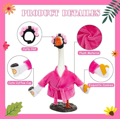 Porch Goose Outfit Fall Costume for 23'' Cement Goose Statue Winter Porch Goose Clothes Mamma Robe Self Care Outfit with Bathrobe Coffee Curlers for Outdoor Garden Yard Lawn Patio Decoration(Rose Red)