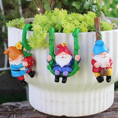 Set of 3 Cute Climbing Gnome Figurines Flower Pot Hugger, Resin Hanging Gnomes Statue Outdoor Decor Fence Ornaments for Patio Lawn Garden Yard (Swing Gnome)