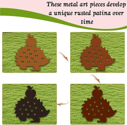 5Pcs Metal Squirrel Garden Stake for Wall Fence Rusty Garden Art Hedgehog Owl Mushrooms Squirrel Pattern Durable Iron Yard Sculptures for Pathway Patio Lawn Ornaments Ground Insert Decor