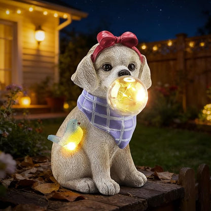 9.4" Solar Dog Garden Statue with Bubble Light, Cute Sitting Puppy Resin Outdoor Decor with Bird Light, Waterproof Solar Powered Animal Statue for Yard, Lawn, Garden