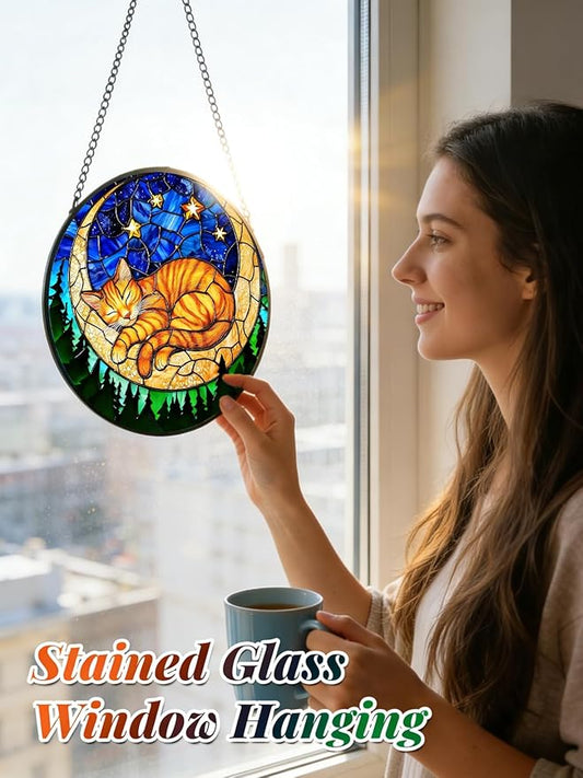 Stained Glass Window Hanging, Orange Sleeping Cat Suncatcher for Door Home Decor Moon Starry Night Sun Catcher Ornament Mother's Day Birthday Gifts for Women Men Mom 7.8 in