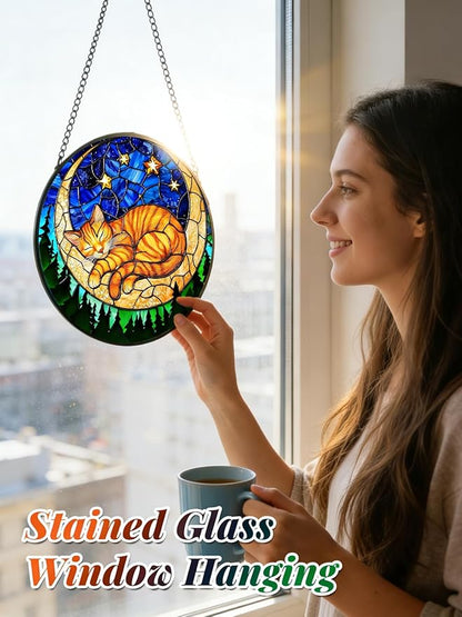 Stained Glass Window Hanging, Orange Sleeping Cat Suncatcher for Door Home Decor Moon Starry Night Sun Catcher Ornament Mother's Day Birthday Gifts for Women Men Mom 6.3 in