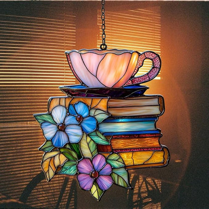 Tea and Books Acrylic Suncatcher Stained Glass Effect Window Car Hanging Christmas Ornament Indoor Outdoor Decor Garden Sun Catcher Panel for Book Lover for Women Mom Grandma