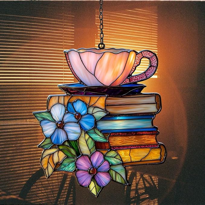 Tea and Books Acrylic Suncatcher Stained Glass Effect Window Car Hanging Christmas Ornament Indoor Outdoor Decor Garden Sun Catcher Panel for Book Lover for Women Mom Grandma