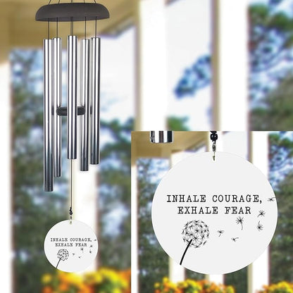 Inspirational Wind Chime Inhale Courage Exhale Fear with Dandelion Design, Outdoor Decorative Chime for Garden, Patio, or Porch, Motivational Quote Gift