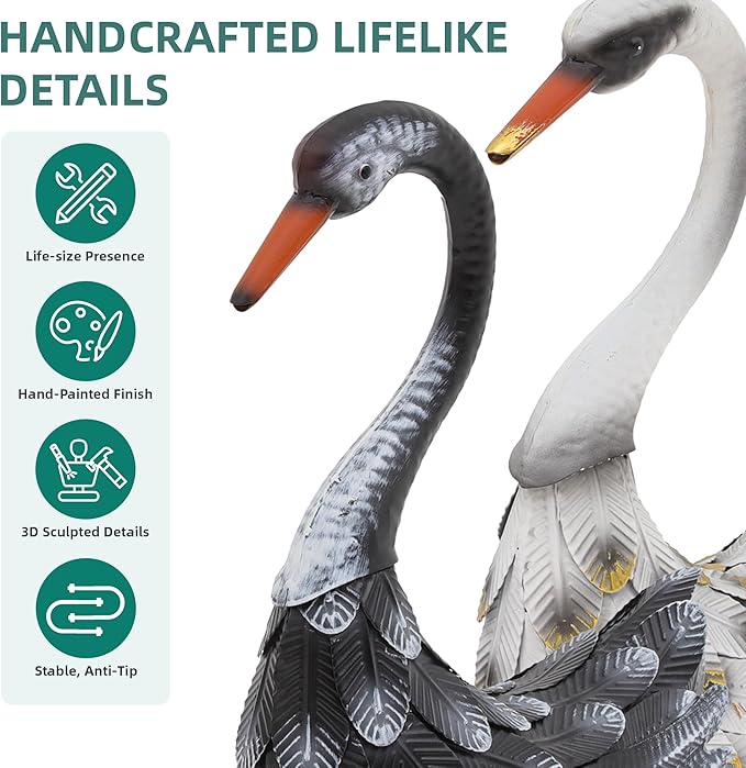 19" Large Swan Statue Set of 2, Handcrafted Lifelike Swan Sculptures Decor with Secure Stakes, Weatherproof Metal Yard Art for Outdoor Indoor Decor, Ideal for Weddings & Valentine’s Day