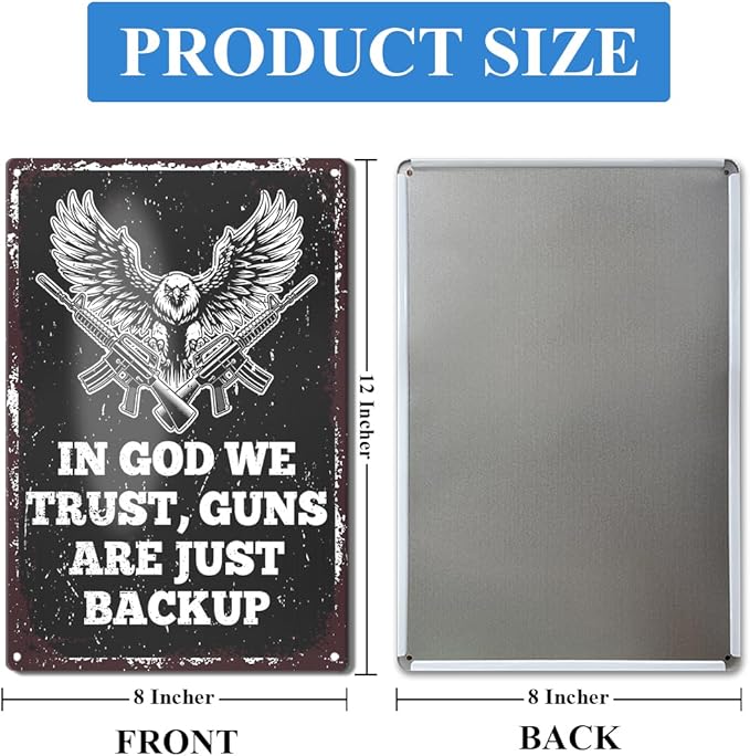 Gun Sign for Home Security No Trespassing Private Property Metal Tin Sign Patriotic Americana Wall Decor for Gun Room Firing Ranges Man Cave Garage Gun Lovers Gift 8" x 12", In God We Trust