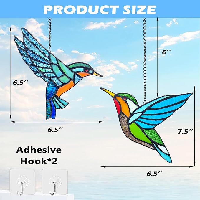 2 Packs Hummingbird Stained Glass Window,Real Handmade Stained Glass Window Hanging,Hummingbird Ornament,Suncatchers Decor for Women Mom Grandma Bird Lovers