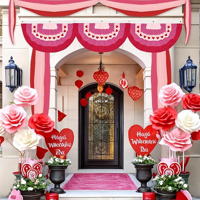 3Pack Valentines Bunting 2x20Ft Valentine’s Day Decorations Bunting Red Pink Stripe Banner Outdoor Garden Fence Porch Decor Engagement Party Anniversary/Wedding Décor