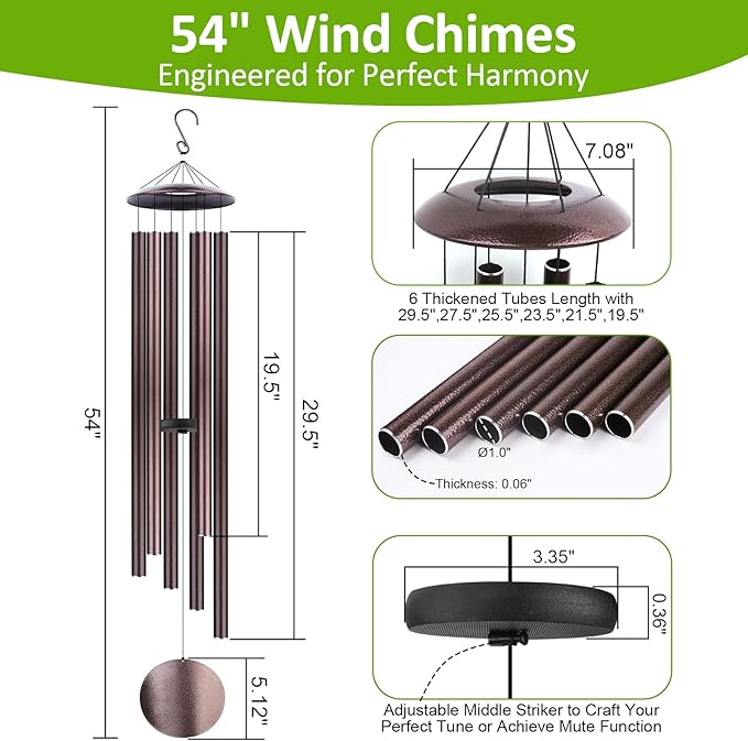 54" Large Wind Chimes for Outside Deep Tone - Gift Box Packaged, Soothing Windchimes Outdoors with 6 Thickened Aluminum Tubes for Garden Decor, Gifts for Parents, Friends and Loved Ones (Bronze)