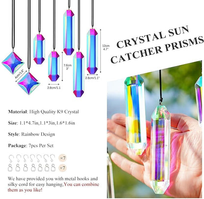 HDCRYSTALGIFTS Set 7 Crystal Sun Catcher Prisms, AB Colored Suncatcher Crystals Indoor Window Hanging Ornaments Rainbow Maker Prisms for Home Garden Decor
