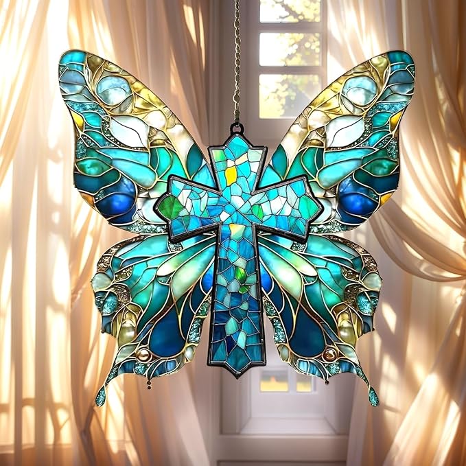 Jesus Cross Acrylic Suncatcher with Butterfly Wings, Boho Suncatchers for Window Hanging Ornament, Art Garden Decor for Lover, Gifts for Mother's Day, Mom, Grandma, Wife, Women, Nana