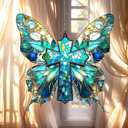 Jesus Cross Acrylic Suncatcher with Butterfly Wings, Boho Suncatchers for Window Hanging Ornament, Art Garden Decor for Lover, Gifts for Mother's Day, Mom, Grandma, Wife, Women, Nana