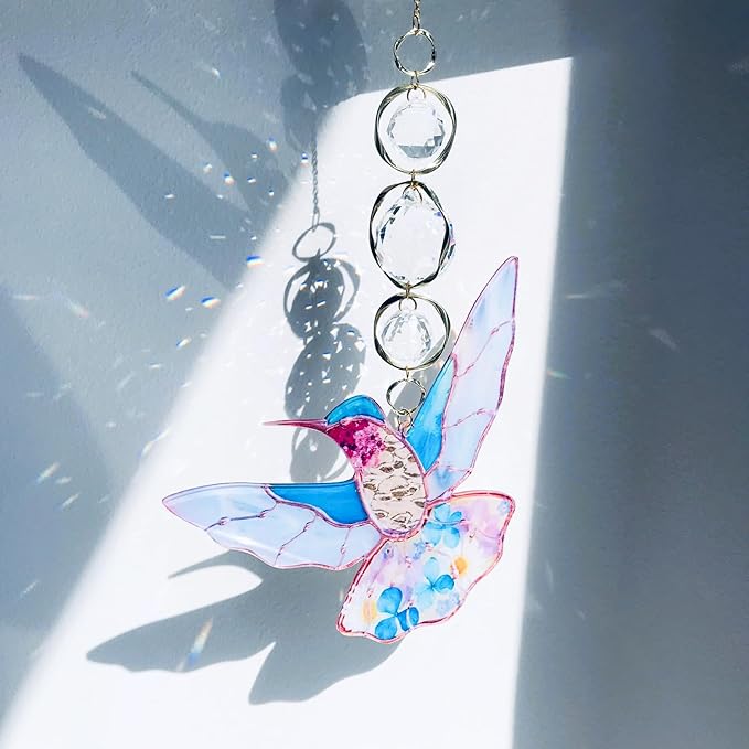 Blue Acrylic Hummingbird Flowers Garden Suncatcher Christmas Tree Window Hanging Home Decor Ornaments Crystal Prism Rainbow Maker Sun Catcher Appreciation Gifts for Mom Grandma Sister