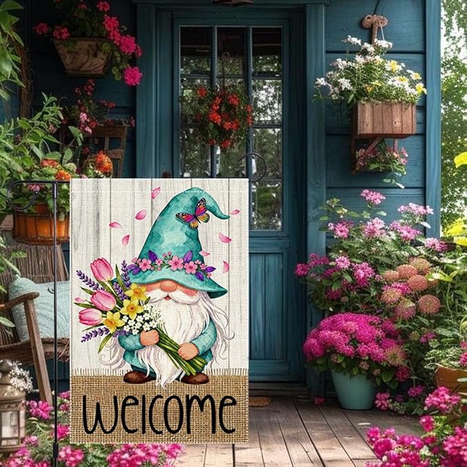 Welcome Garden Flag 12x18 Inch Double Sided with Spring Gnome, Butterfly, Tulips, Daffodils, and Floral Bouquet for Outdoor Yard Decoration