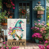 Welcome Garden Flag 12x18 Inch Double Sided with Spring Gnome, Butterfly, Tulips, Daffodils, and Floral Bouquet for Outdoor Yard Decoration