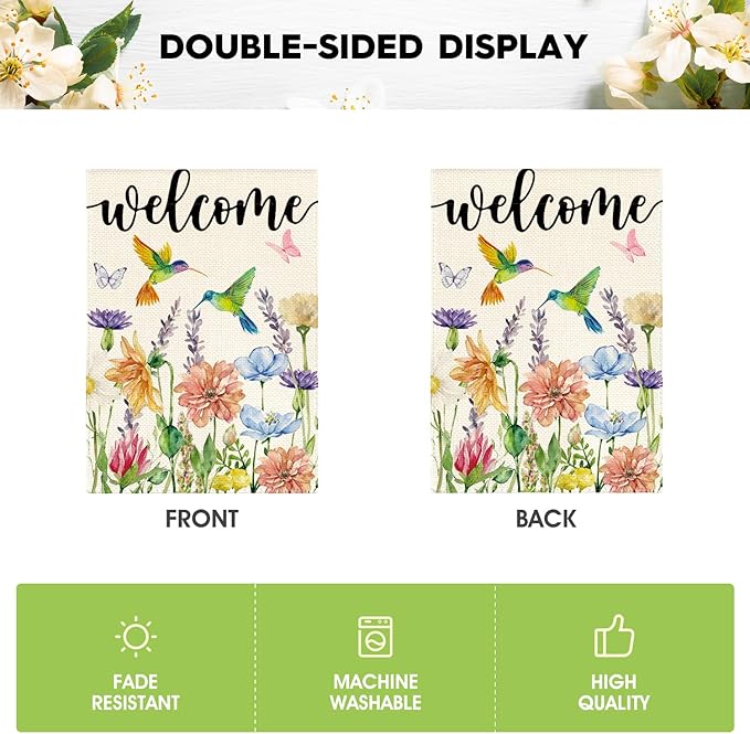 AVOIN colorlife Hummingbird Spring Flowers Garden Flag 12 x 18 Inch Double Sided, Seasonal Welcome Yard Outdoor Flag