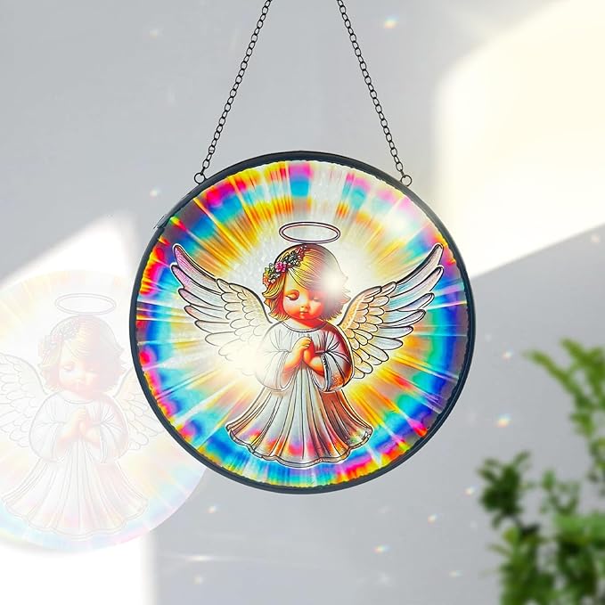 Praying Angel Decor Handmade Stained Glass Rainbow Maker Stained Glass Suncatchers W/Metal Chain - Spiritual Angelic Gift for Women Christmas Thanksgiving Housewarming Gifts