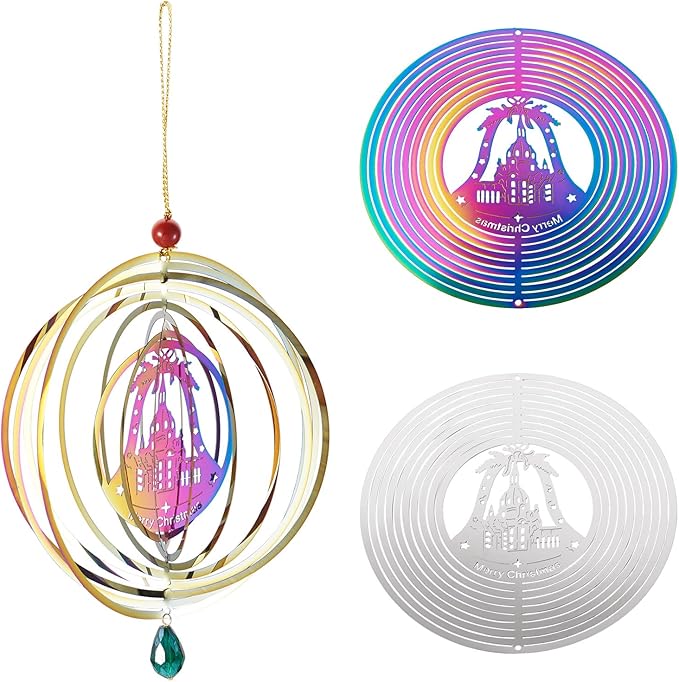 Stainless Steel Reflective Wind Spinners for Christmas Tree Decor 3D Christmas Bell Wind Chimes Gradient Etched Metal Embellishments for Outdoor Indoor Garden Hanging Decor 2Pcs