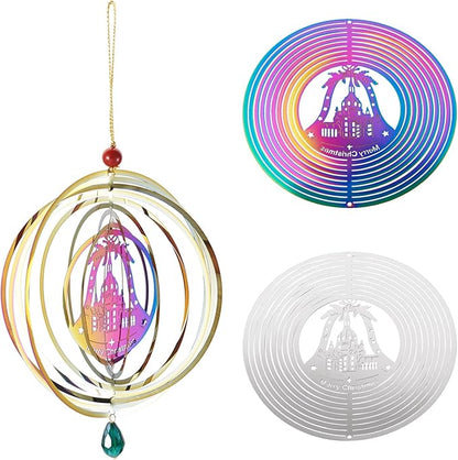 Stainless Steel Reflective Wind Spinners for Christmas Tree Decor 3D Christmas Bell Wind Chimes Gradient Etched Metal Embellishments for Outdoor Indoor Garden Hanging Decor 2Pcs