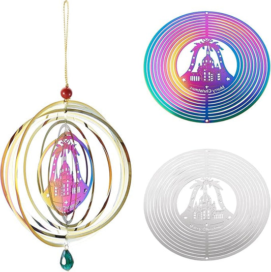 Stainless Steel Reflective Wind Spinners for Christmas Tree Decor 3D Christmas Bell Wind Chimes Gradient Etched Metal Embellishments for Outdoor Indoor Garden Hanging Decor 2Pcs