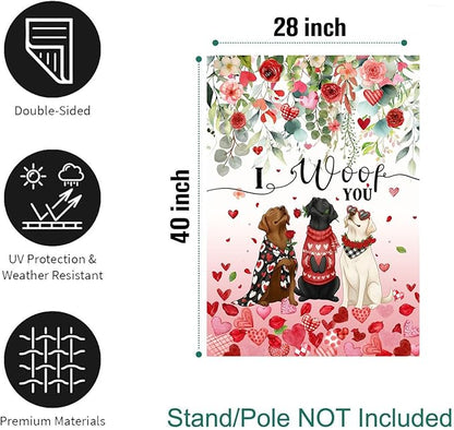 Dog Valentine House Flag 28 x 40 Double Sided Valentines Day Outdoor Decorations White Black Lab Garden Signs Chocolate Labrador Love Heart Yard Banner for Outside