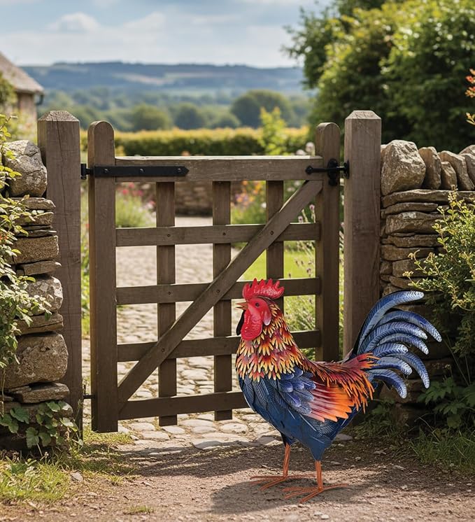 Regal Art & Gift Handcrafted Metal Rooster Statue, Weather-Resistant Farmhouse Yard Art, Indoor/Outdoor Garden Sculpture, Detailed Feather Design, Decorative Bird for Home & Garden, Arroyo, 21" Height