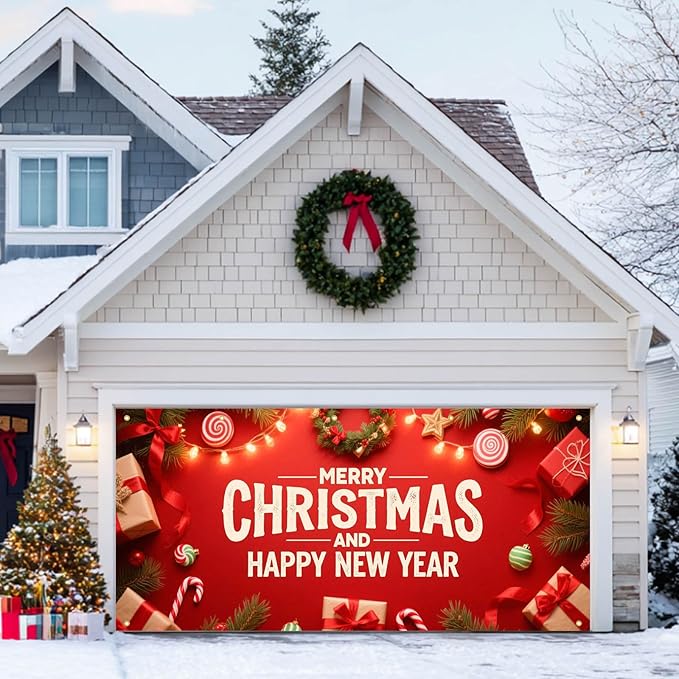 HOMETITUTE Christmas Garage Door Banner 13x6ft Merry Christmas Happy New Year Red Theme Backdrop Decor Banners for Outside Indoor Winter Door Cover Garage Wall Covering for Party Garage Decorations