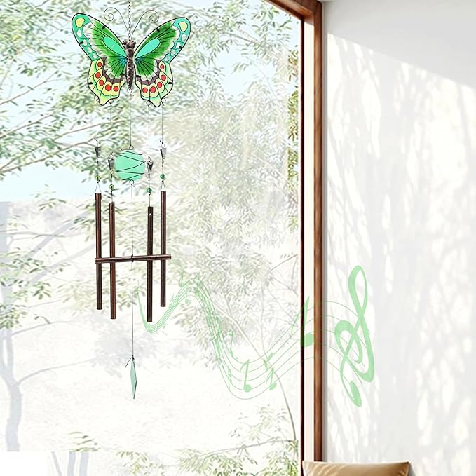 MUMTOP Butterfly Wind Chimes for Outside, Stained Glass Wind Chime Windchimes for Patio, Outdoor,Garden,Yard,Coastal,Window,Home Decor or Gifts for Women(Green)