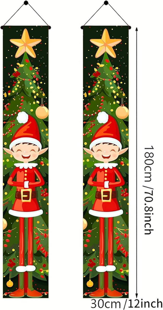 BlissYard Christmas Elf Door Banner 71x12 inch Christmas Tree Hanging Porch Banner Cute Holiday Decorations for Kids Front Door Xmas Party Fireplace Entryway Wall Decor Outdoor Sign