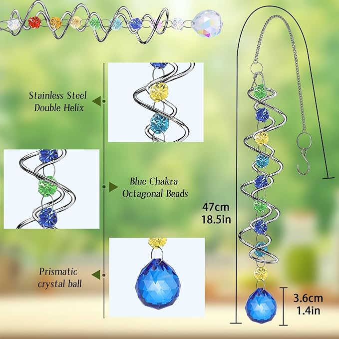 2 Pack Crystal Sun Catcher,Colored Suncatcher for Window Hanging Double Spiral Design,Wind Spinner Gazing Prism Ball Spiral Tail,Rainbow Maker for Yard Garden Indoor Home Outdoor Decor Party Gifts