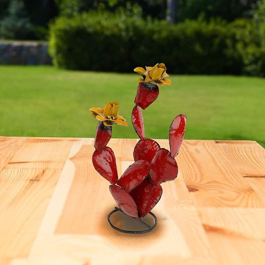 Metal Cactus Outdoor Decor - Iron Cactu Yard Art - Metal Plants Statue for Outdoors - Fake Cactus Rustic Artificial Cactus Sculpture for Garden Lawn Patio Balcony Backyard Decor 11.8" (Red)