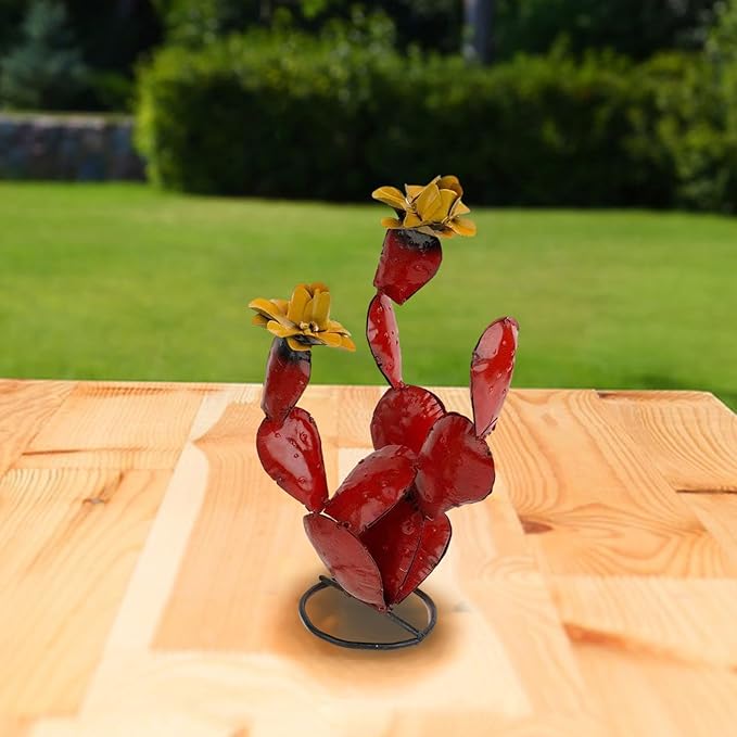 Metal Cactus Outdoor Decor - Metal Cactus Yard Art Iron - Desert Plants Statue for Outdoors - Handmade Cactus Rustic Artificial Cactus Sculpture for Garden Lawn Patio Balcony Backyard Decor (Red)