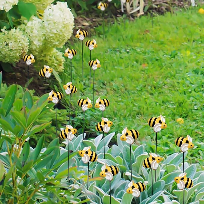 10Pcs Bee Garden Stakes Decor Metal Yard Art Ornaments Front Yard Art Stick Floral Picks Spring Summer Resin Bumble Bees Garden Stakes Outdoor Lawn Pathway Patio Plant Pot, Flower Bed Yellow