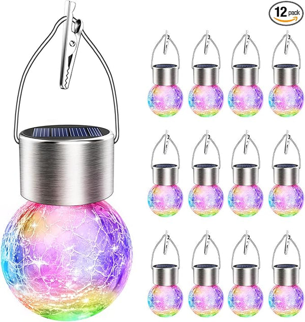 Solar Hanging Lanterns Outdoor: 12 Pack Cracked Glass Ball Lights with Clip - Waterproof Color Changing Globe Decorative Garden Tree Fence - Gardening Holiday Gifts for Women