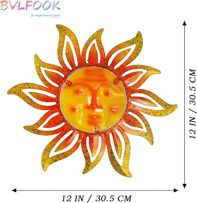 Metal Sun Wall Art Decor,12 Inch Retro Hanging Decor With Glass,Sun Face Valentine Wall Decorations For Patio Yard Garden Fence Living Room Bedroom