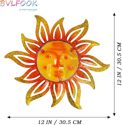 Metal Sun Wall Art Decor,12 Inch Retro Hanging Decor With Glass,Sun Face Valentine Wall Decorations For Patio Yard Garden Fence Living Room Bedroom
