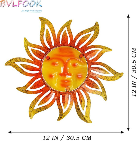 Metal Sun Wall Art Decor,12 Inch Retro Hanging Decor With Glass,Sun Face Valentine Wall Decorations For Patio Yard Garden Fence Living Room Bedroom