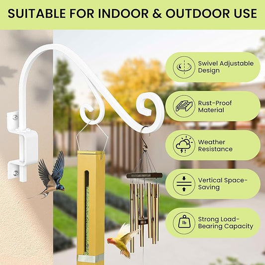 Swivel Plant Hangers Outdoor: 2 Pack 16 Inch Metal Hanging Plant Bracket Sturdy Wrought Iron Plant Hooks Indoor Wall Mount for Hanging Bird Feeders, Lanterns, Flower Baskets, Wind Chimes, White