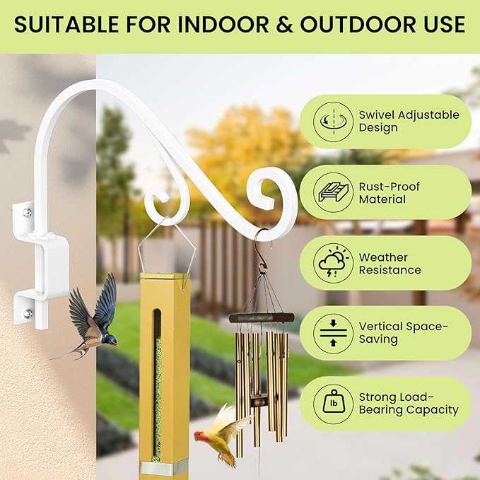 Swivel Plant Hanger, 16 Inch Metal Plant Hangers Outdoor Dual Hook Design Wall Plant Hanger Heavy Duty Plant Hangers Outdoor for Hanging Bird Feeders, Cages, Lanterns, Baskets, Wind Chimes, White