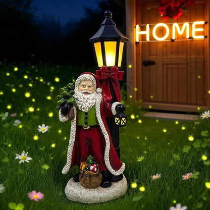 Santa Claus Statue with Light 12.6 inch Christmas Resin Figurine Desktop Decor, New Year's Day Outdoor Decoration for Porch Garden Yard Patio