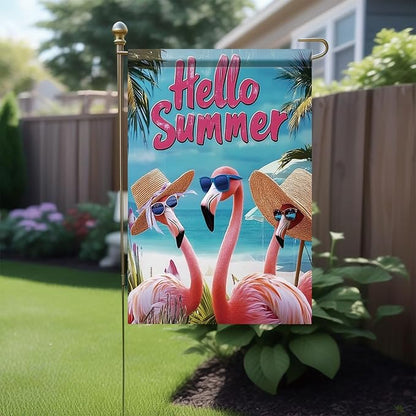 Summer Garden Flag 12x18 Inch Flamingo Hello Summer Tropical Beach Ocean Palm Tree Design Outdoor Yard Porch Lawn Patio Poolside for Seasonal Coastal Farmhouse Home Decor