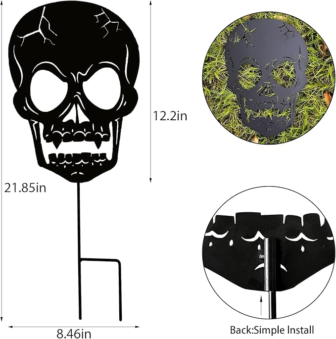 Halloween Decorations Outdoor, Metal Skull Decorative Garden Stakes for Halloween Decor, Metal Yard Signs for Outside Garden Lawn Porch Party Decorations