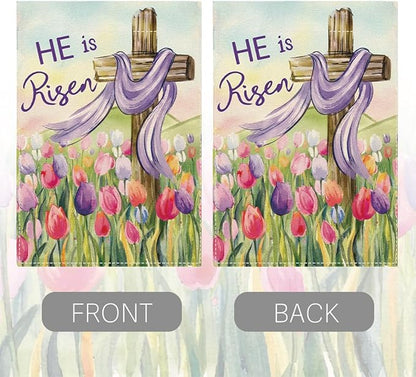 He Is Risen Easter Garden Flag Christian Cross Tulip Easter Garden Flag Decor Spring Double Sided House Flag for Outside Yard Decorations 12×18 Inch